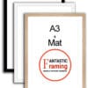 3 A3 picture frames in black, white, and wood finish, featuring Fantastic Framing logo.