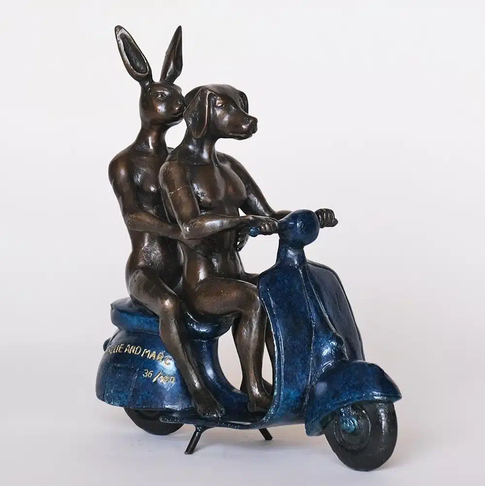 They Were The Authentic Vespa Riders In Rome (Bronze Sculpture, miniature) - BLUE
