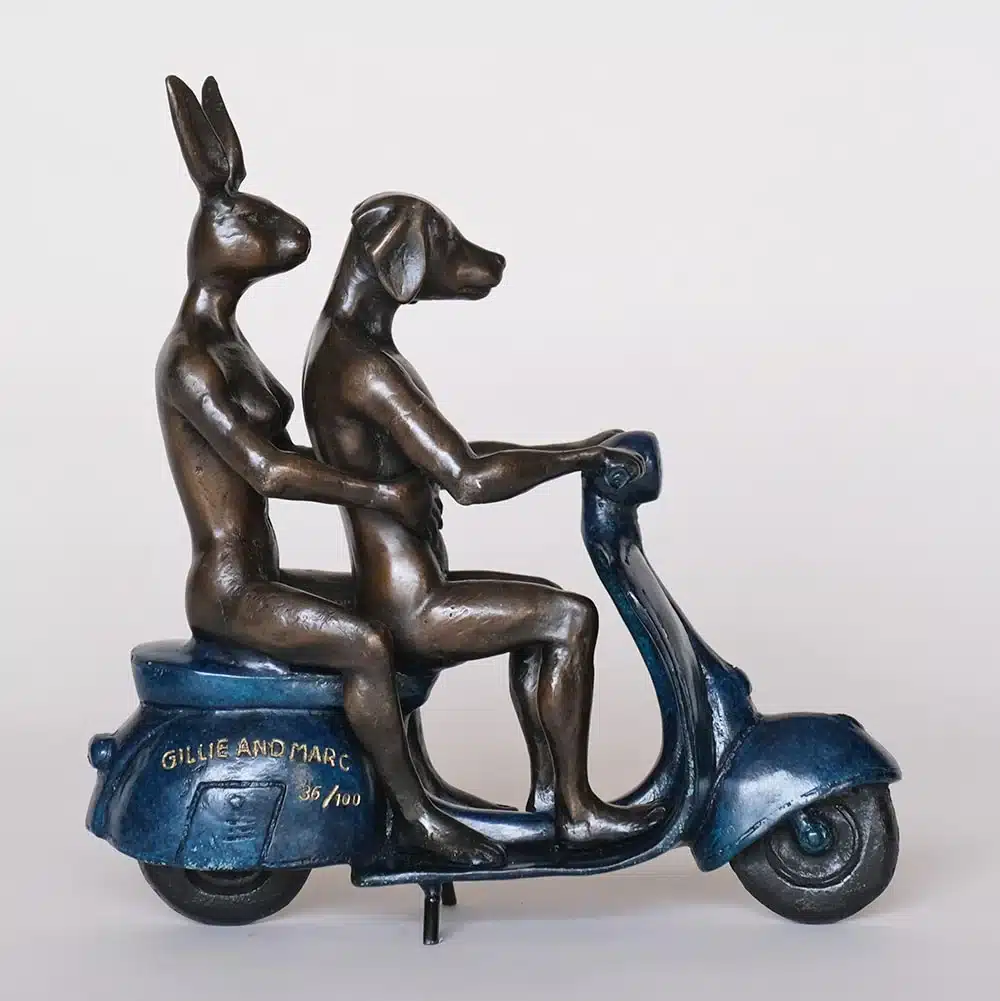 They Were The Authentic Vespa Riders In Rome (Bronze Sculpture, miniature) - BLUE - Image 4